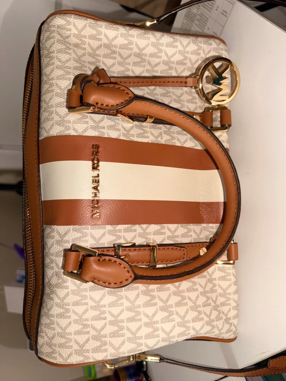Michael Kors Tan and White Signature Stripe Satchel